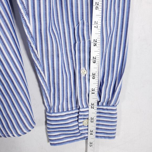 Chaps Shirt Mens Large Blue White Striped Casual Preppy Logo Crest Button Down - Picture 11 of 12